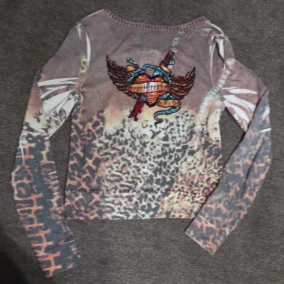 SPY Tops - Y2K Ed Hardy Inspired Graphic Long Sleeve Top with Heart And Wing Design